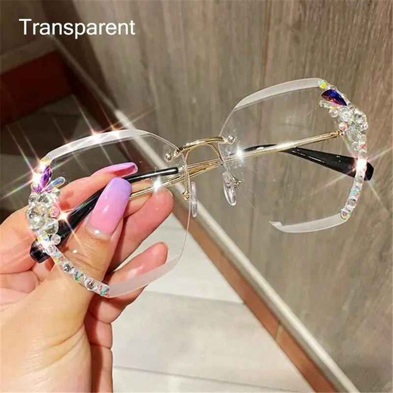 New Fashion Female Eyewear Cutting Lens Rimless Sunglasses Gradient Rhinestone Sunglasses Women Sun Glasses