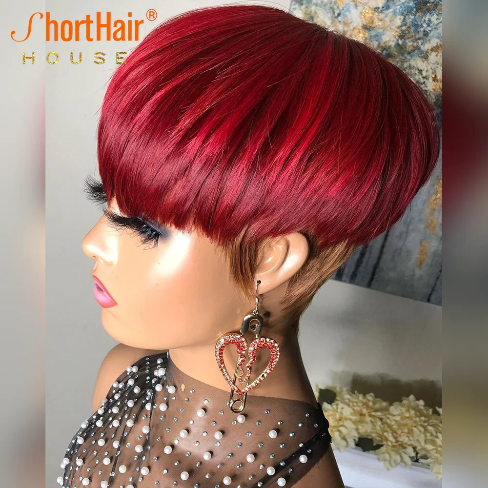 99J Red Color Pixie Short Cut Bob Wigs Ombre Brown Human Hair Wigs for Black Women Brazilian Straight Pixie Wig with Full Bangs