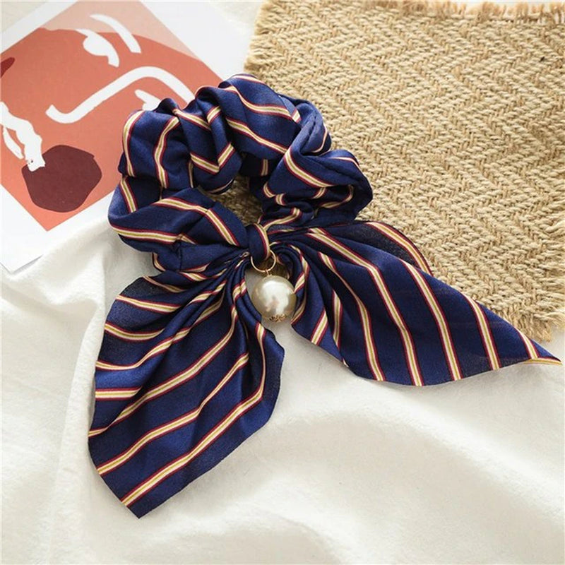 New Chiffon Bowknot Silk Hair Scrunchies Women Pearl Ponytail Holder Hair Ties Hair Rope Rubber Bands Headwear Hair Accessories