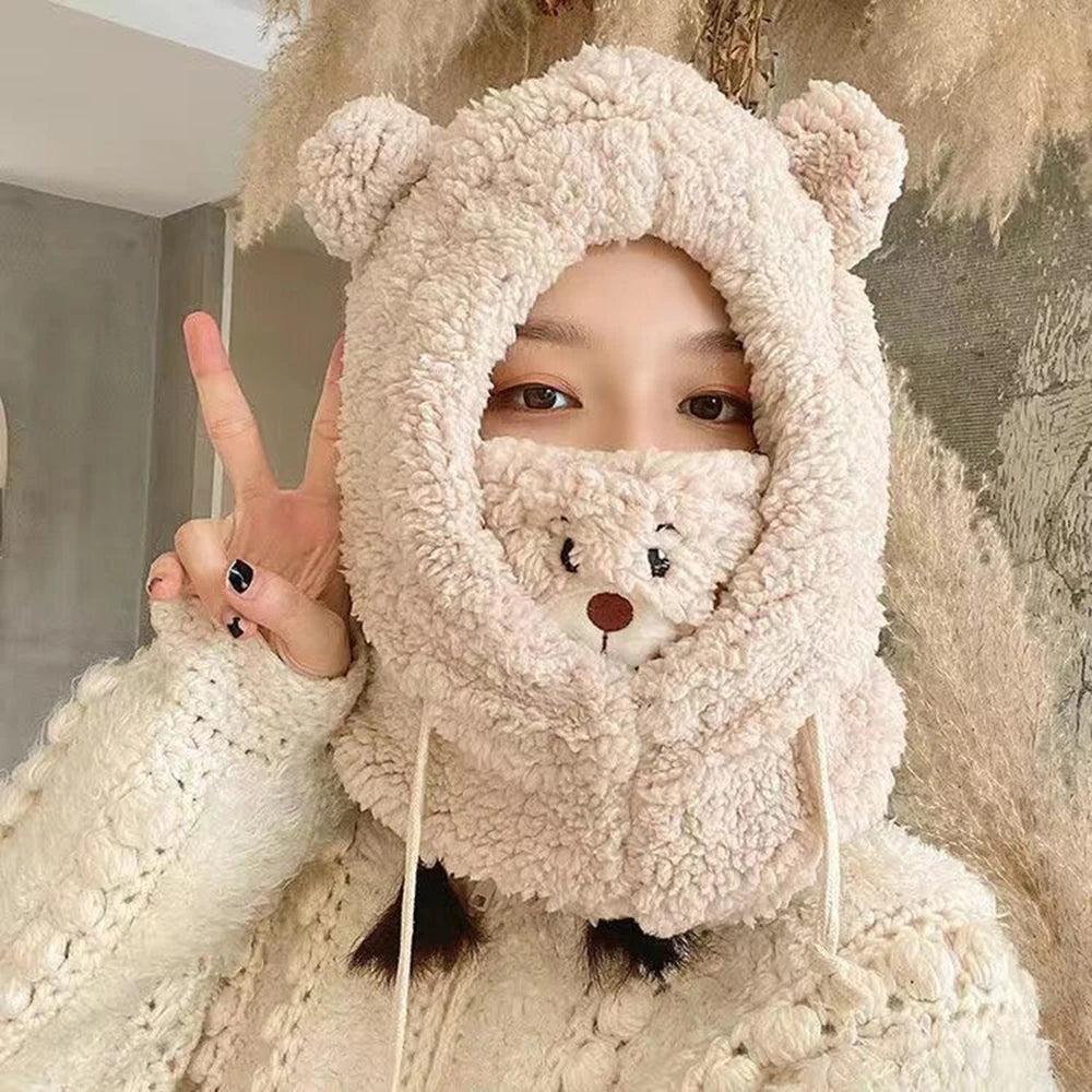 Winter Cartoon Hat Bear Ear Lamb Beanie Hats Warm Thickened Ear Protection Beanies for Women Girl Kawaii