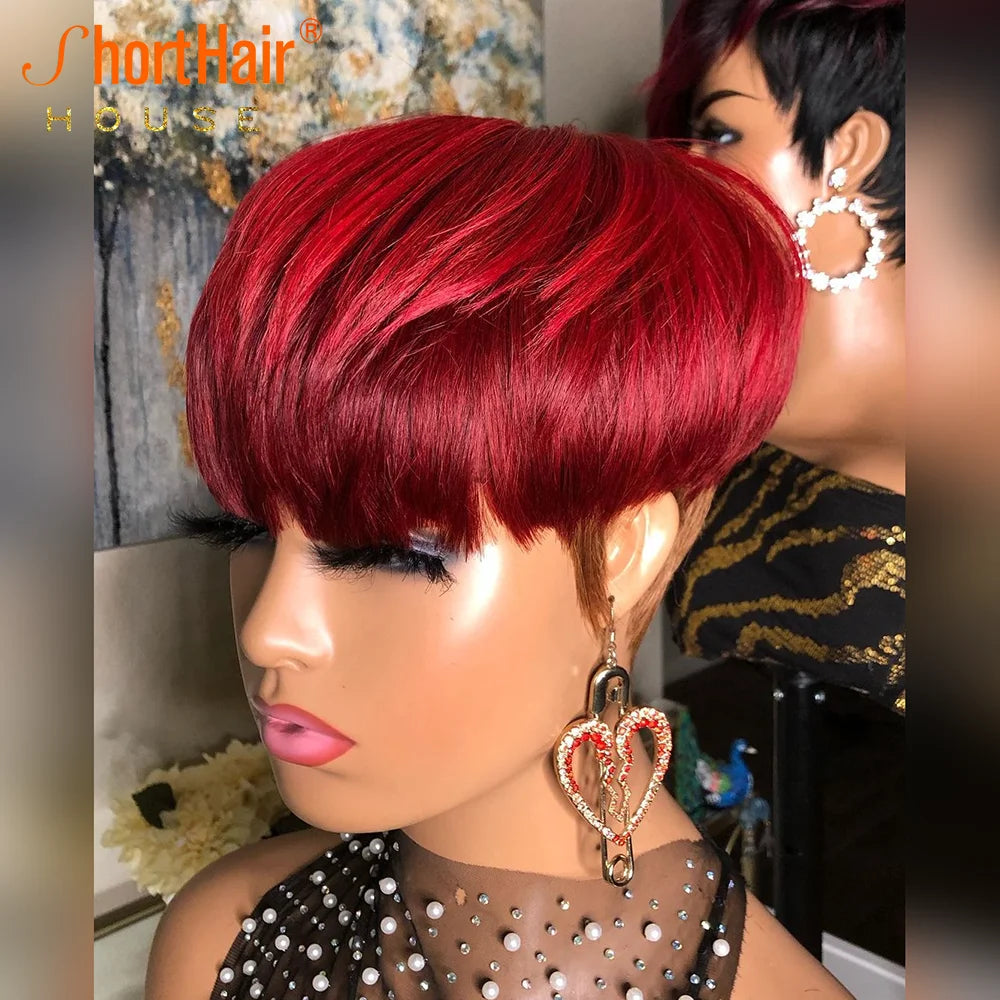 99J Red Color Pixie Short Cut Bob Wigs Ombre Brown Human Hair Wigs for Black Women Brazilian Straight Pixie Wig with Full Bangs