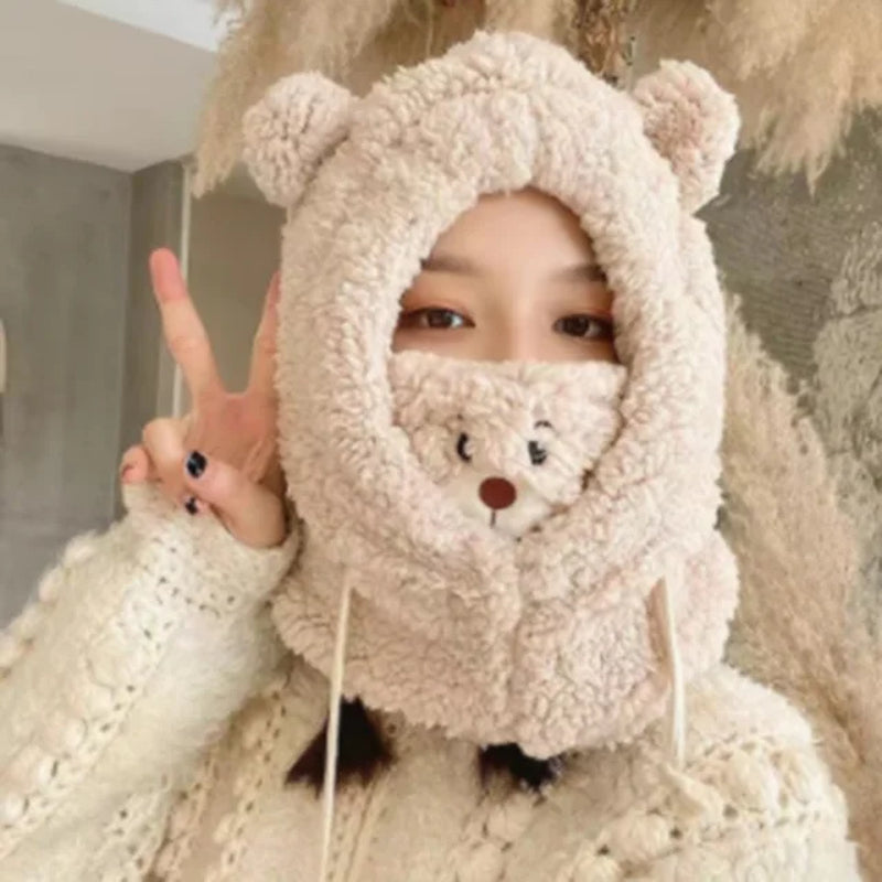 Winter Cartoon Hat Bear Ear Lamb Beanie Hats Warm Thickened Ear Protection Beanies for Women Girl Kawaii