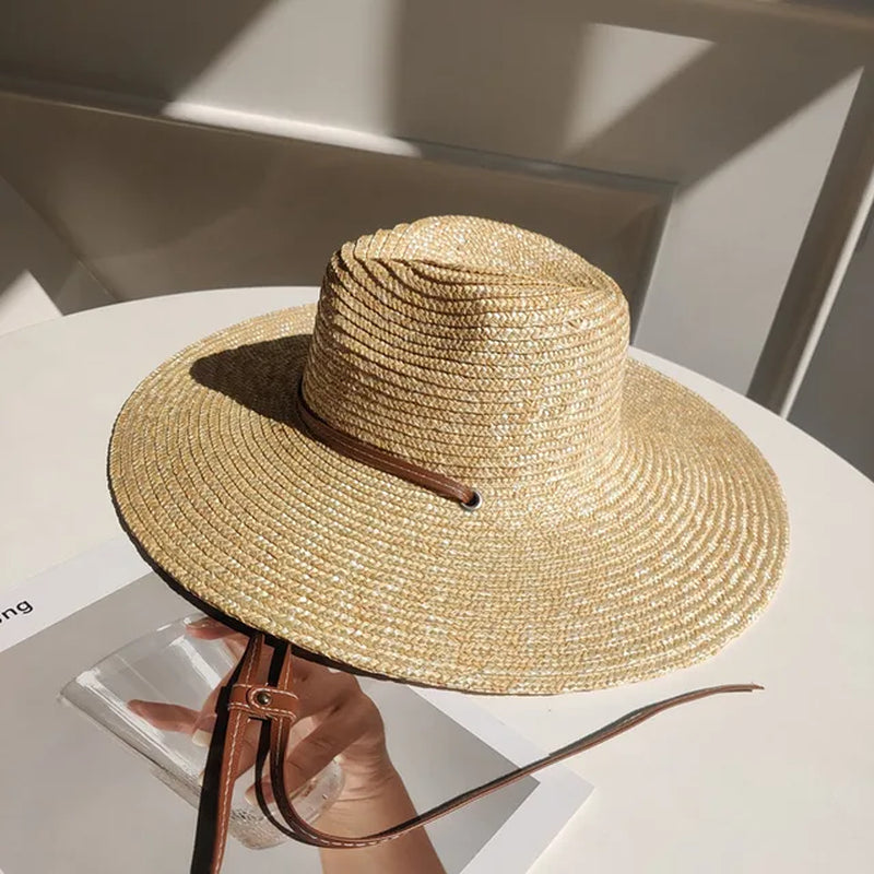 New 2024 Belt Strap Straw Sun Hat for Women Fashion Vacation Beach UV Hats Summer Wide Brim Travel Panama Hats Outdoor Wholesale