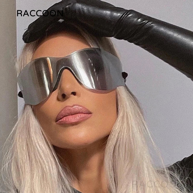 Y2K Futuristic Sunglasses Women Alien Silver Sun Glasses Men Oversized Rimless One Piece Hip Hop Punk Soft Shades Luxury Brand