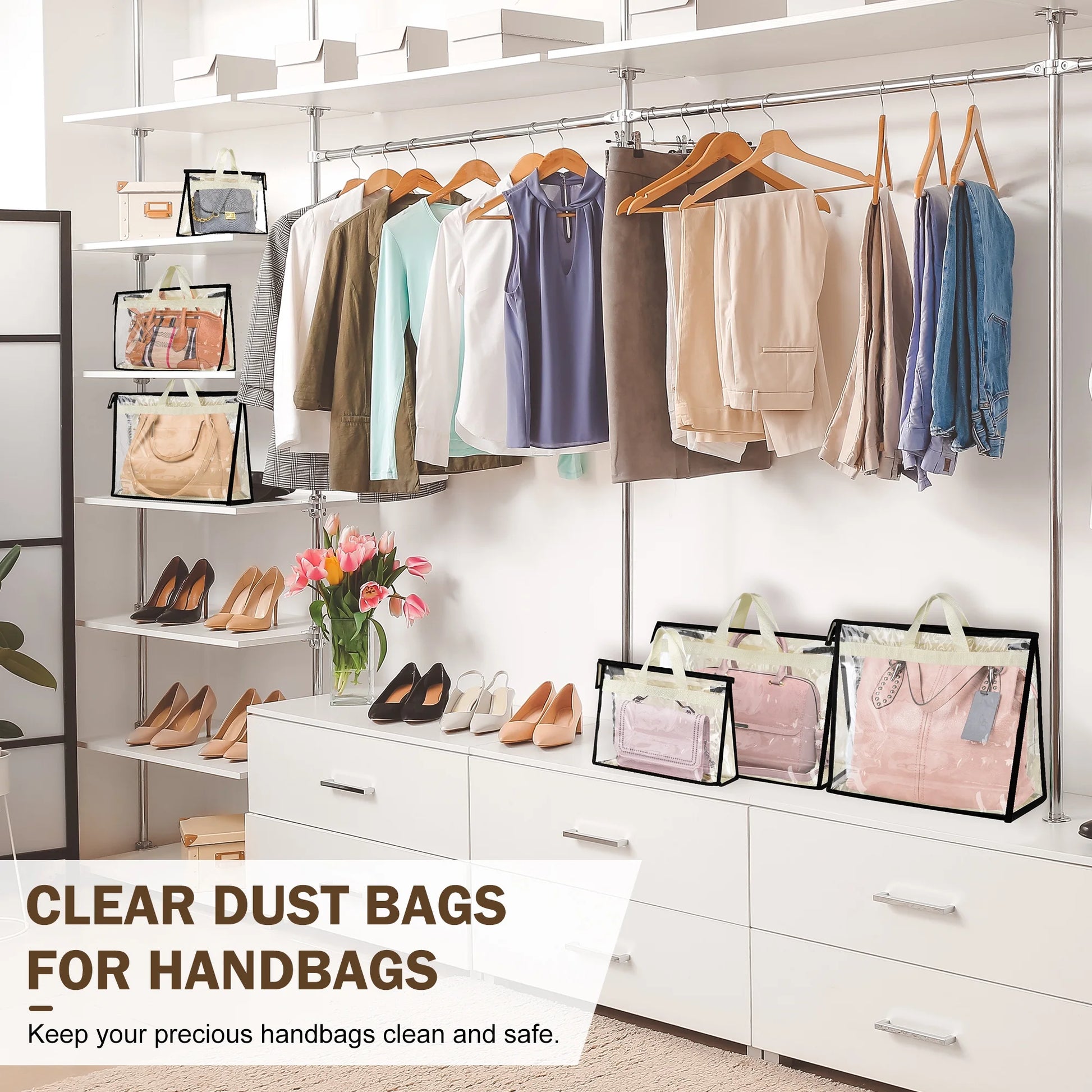 9 Pack Dust Bags for Handbags, Clear Handbag Storage Organizer for Closet with Handle and Zipper